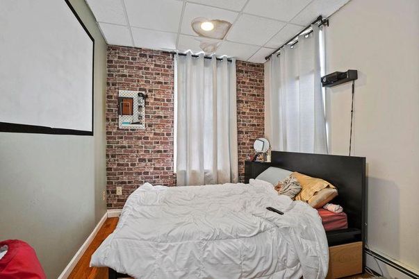 Bedroom, Interior, Stone Walls, Wood Texture Flooring