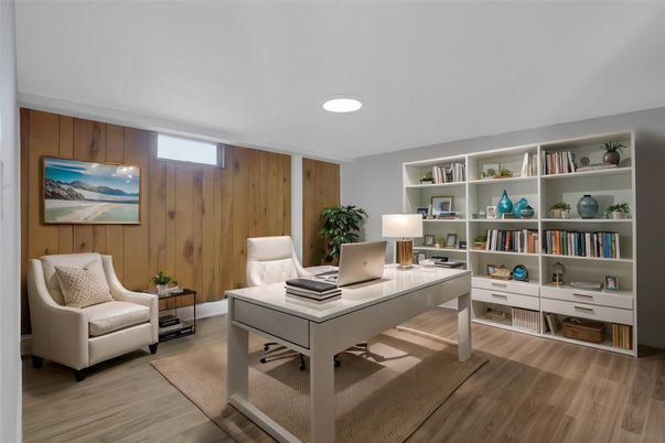 Home Office, Interior, Recessed Lighting, Wood Texture Flooring, Wooden Walls