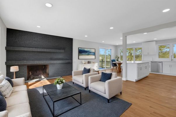 Fireplace, Interior, Kitchen, Living room, Recessed Lighting, Stone Walls, Wood Texture Flooring