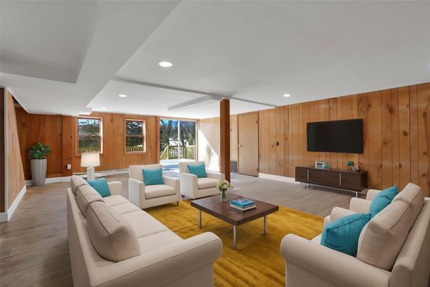 Interior, Living room, Recessed Lighting, Wood Texture Flooring, Wooden Walls
