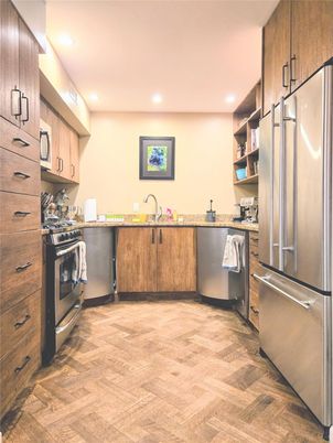 Interior, Kitchen, Recessed Lighting, Stainless Steel Appliances, Wood Texture Flooring