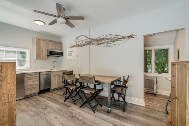 Dining room, Interior, Kitchen, Stainless Steel Appliances, Wood Texture Flooring