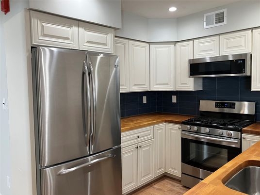 Interior, Kitchen, Recessed Lighting, Stainless Steel Appliances, Wood Texture Flooring