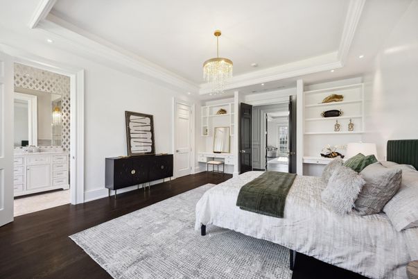 Bedroom, Chandelier, Interior, Recessed Lighting, Wood Texture Flooring