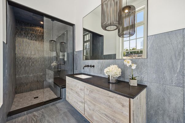 Bathroom, Glass Shower, Interior, Pendant Lights