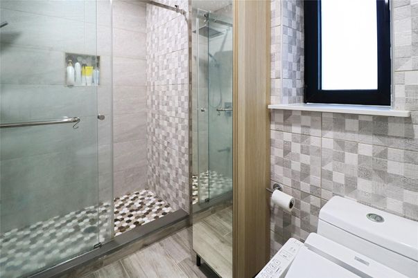Bathroom, Glass Shower, Interior, Wood Texture Flooring
