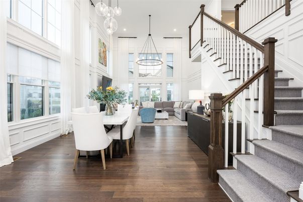 Dining room, Interior, Living room, Pendant Lights, Recessed Lighting, Wood Texture Flooring