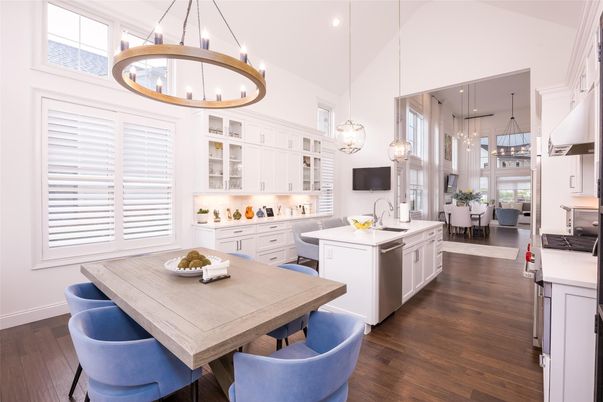Dining room, Interior, Kitchen, Pendant Lights, Recessed Lighting, Wood Texture Flooring