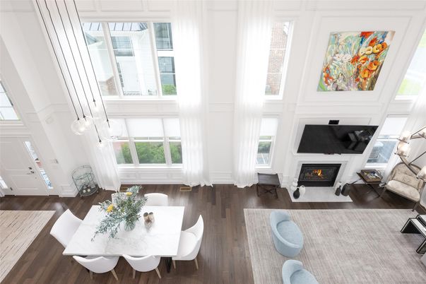 Dining room, Fireplace, Interior, Living room, Pendant Lights, Wood Texture Flooring