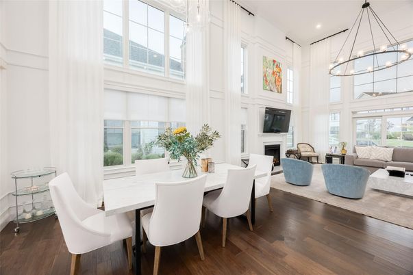 Dining room, Fireplace, Interior, Living room, Pendant Lights, Recessed Lighting, Wood Texture Flooring