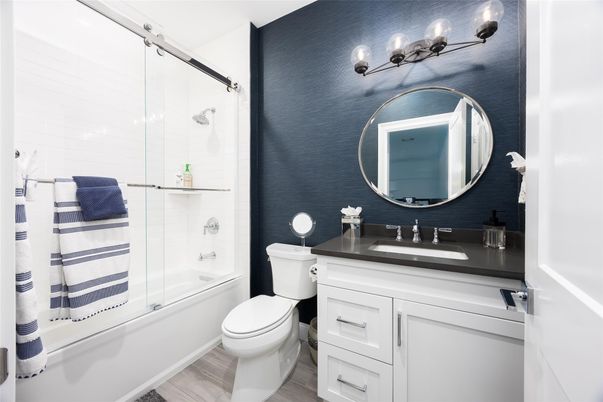 Bathroom, Glass Shower, Interior, Wood Texture Flooring