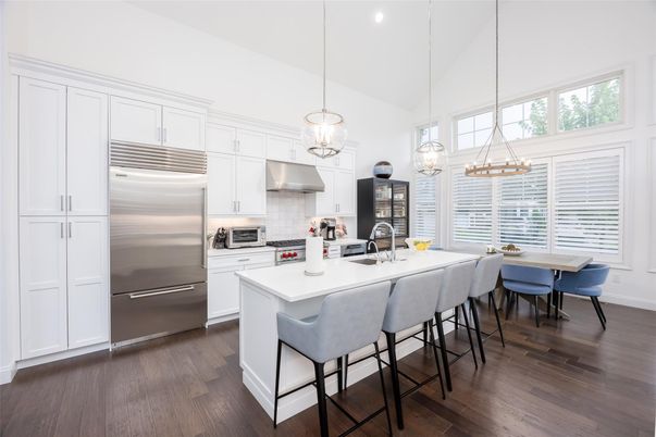Dining room, Interior, Kitchen, Pendant Lights, Stainless Steel Appliances, Wood Texture Flooring