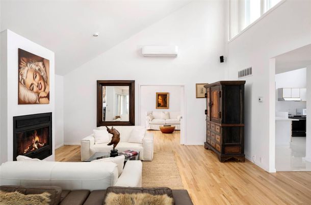 Fireplace, Interior, Living room, Recessed Lighting, Wood Texture Flooring