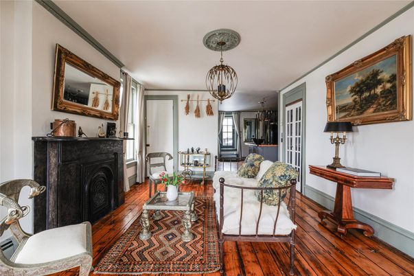 Chandelier, Dining room, Fireplace, Interior, Living room, Pendant Lights, Wood Texture Flooring
