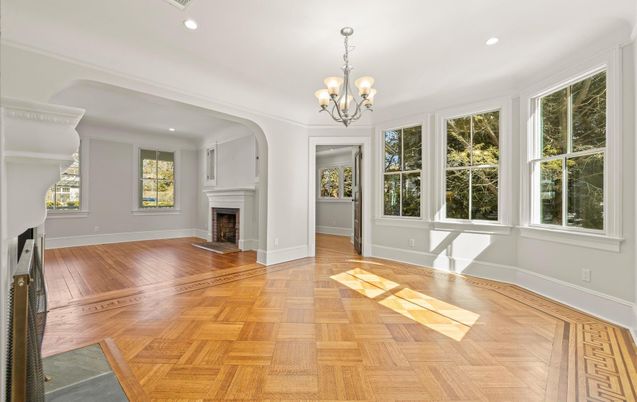 Chandelier, Empty room, Fireplace, Interior, Recessed Lighting, Wood Texture Flooring