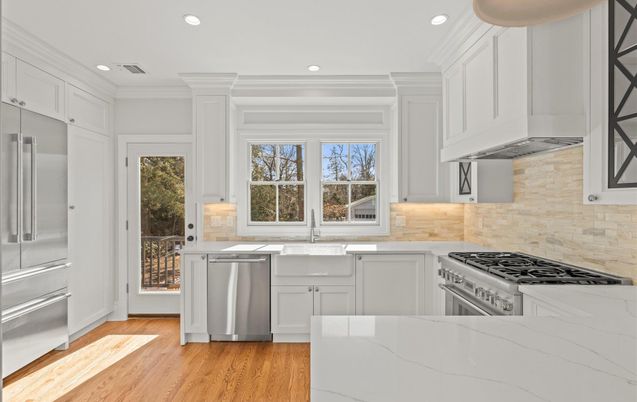 Interior, Kitchen, Recessed Lighting, Stainless Steel Appliances, Wood Texture Flooring