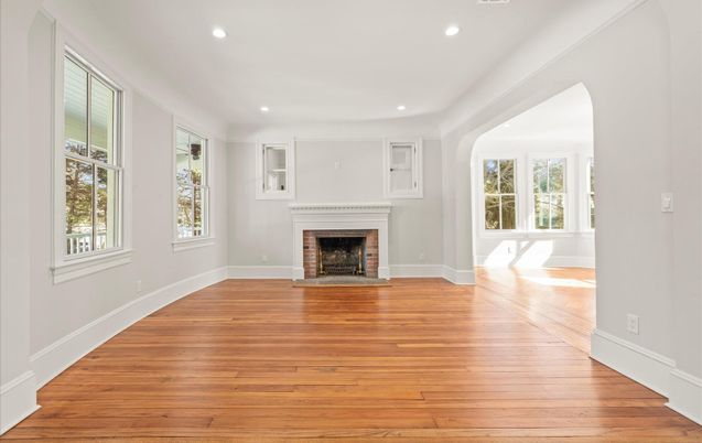 Empty room, Fireplace, Interior, Recessed Lighting, Wood Texture Flooring