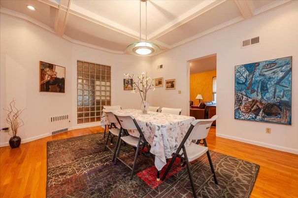 Dining room, Interior, Pendant Lights, Recessed Lighting, Wood Texture Flooring