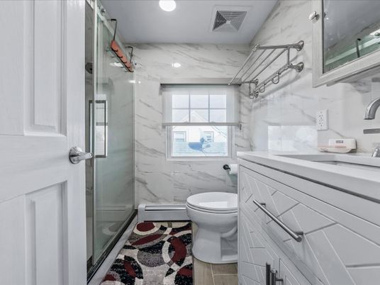 Bathroom, Glass Shower, Interior, Marble Walls, Recessed Lighting