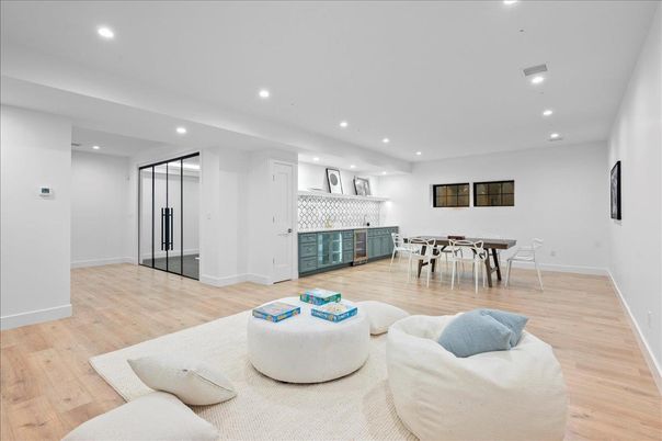 Dining room, Interior, Kitchen, Living room, Recessed Lighting, Wood Texture Flooring