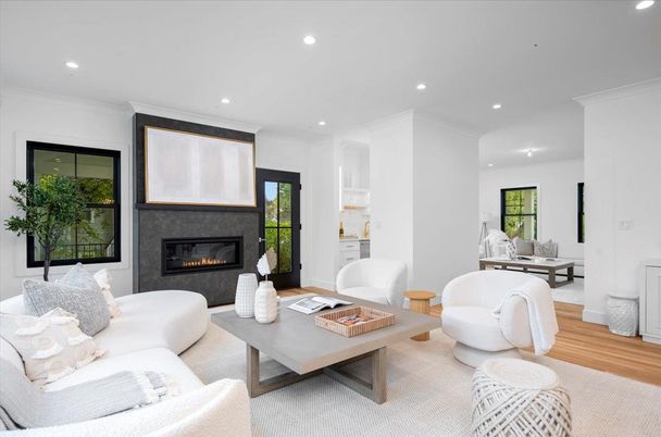 Fireplace, Interior, Living room, Recessed Lighting, Wood Texture Flooring