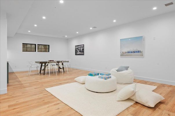 Dining room, Interior, Recessed Lighting, Wood Texture Flooring