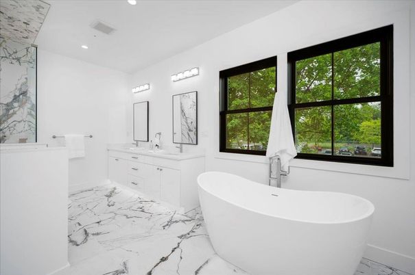 Bathroom, Dual Sink Vanities, Free Standing Baths, Interior, Marble, Recessed Lighting