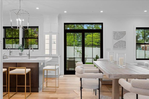 Dining room, Interior, Pendant Lights, Recessed Lighting, Wood Texture Flooring