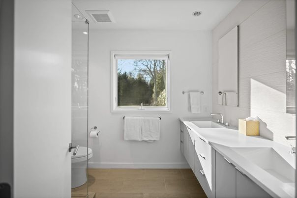 Bathroom, Dual Sink Vanities, Interior, Recessed Lighting, Wood Texture Flooring
