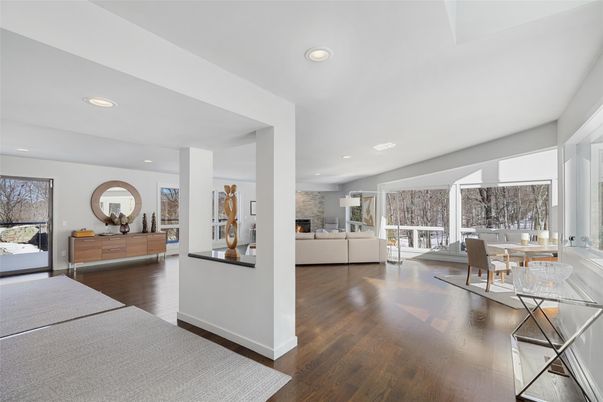 Dining room, Interior, Living room, Recessed Lighting, Wood Texture Flooring