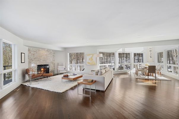 Dining room, Fireplace, Interior, Living room, Stone Walls, Wood Texture Flooring