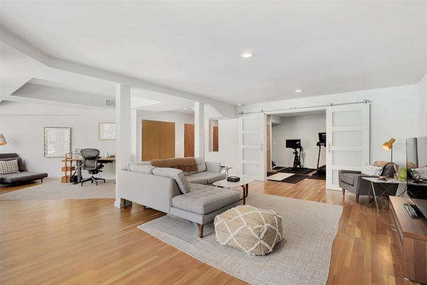 Fitness Equipment, Home Office, Interior, Living room, Recessed Lighting, Wood Texture Flooring