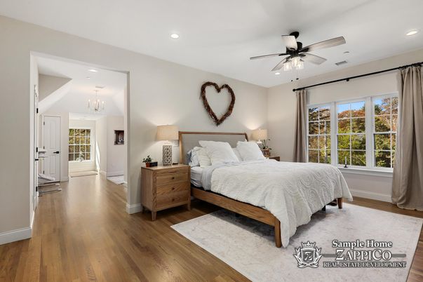 Bedroom, Chandelier, Interior, Recessed Lighting, Wood Texture Flooring