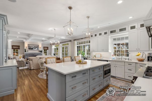 Dining room, Fireplace, Interior, Kitchen, Living room, Pendant Lights, Recessed Lighting, Wood Texture Flooring