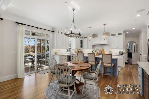 Dining room, Interior, Kitchen, Pendant Lights, Recessed Lighting, Wood Texture Flooring