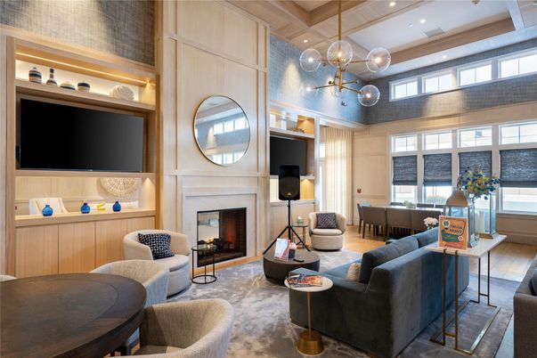 Dining room, Fireplace, Interior, Living room, Pendant Lights, Recessed Lighting, Wood Texture Flooring