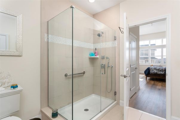 Bathroom, Glass Shower, Interior, Recessed Lighting, Wood Texture Flooring