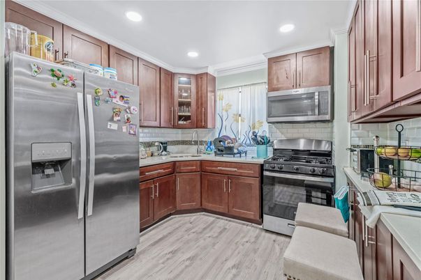 Interior, Kitchen, Recessed Lighting, Stainless Steel Appliances, Wood Texture Flooring