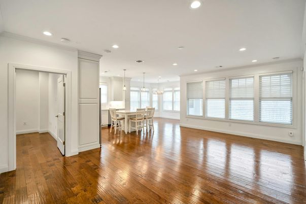 Dining room, Interior, Pendant Lights, Recessed Lighting, Wood Texture Flooring