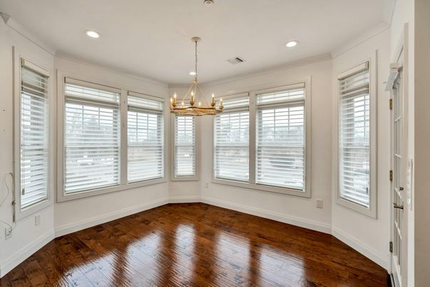 Chandelier, Empty room, Interior, Recessed Lighting, Wood Texture Flooring