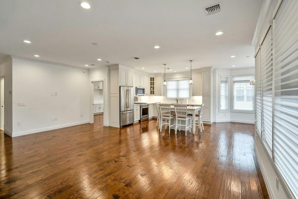 Dining room, Interior, Kitchen, Pendant Lights, Recessed Lighting, Stainless Steel Appliances, Wood Texture Flooring