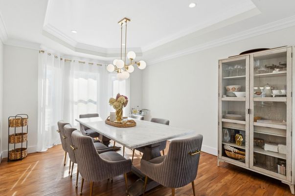 Dining room, Interior, Pendant Lights, Recessed Lighting, Wood Texture Flooring