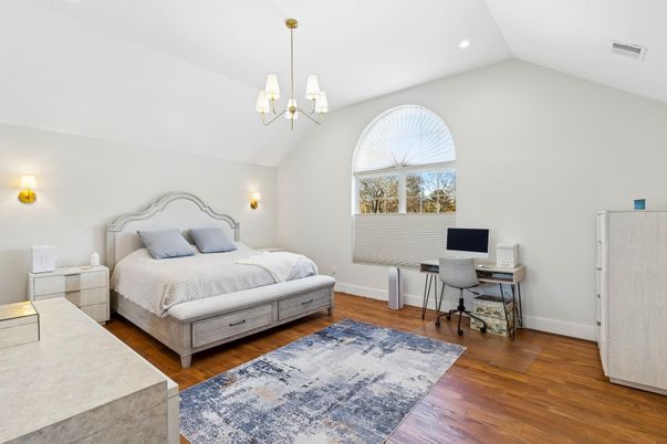 Bedroom, Chandelier, Home Office, Interior, Recessed Lighting, Wood Texture Flooring