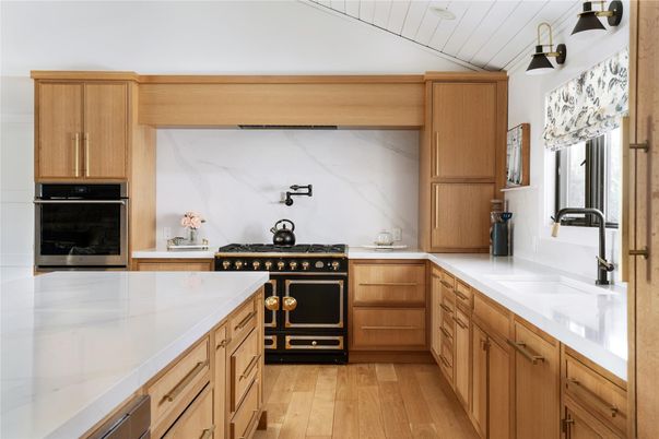 Interior, Kitchen, Marble Walls, Stainless Steel Appliances, Wood Texture Flooring