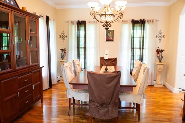 Chandelier, Dining room, Interior, Wood Texture Flooring