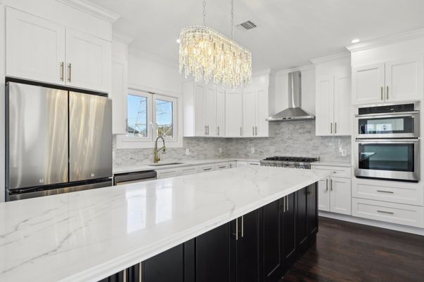 Chandelier, Interior, Kitchen, Recessed Lighting, Stainless Steel Appliances, Wood Texture Flooring