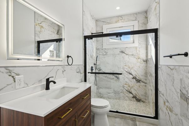 Bathroom, Glass Shower, Interior, Marble Walls, Recessed Lighting
