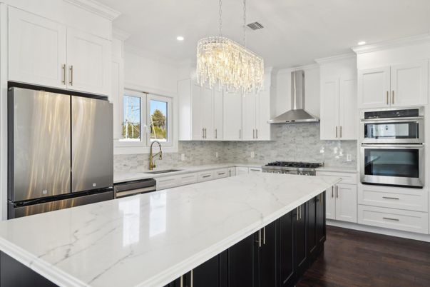 Chandelier, Interior, Kitchen, Recessed Lighting, Stainless Steel Appliances, Wood Texture Flooring