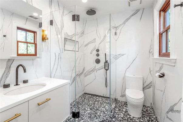 Bathroom, Glass Shower, Interior, Marble Walls, Recessed Lighting