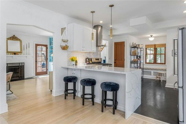 Fireplace, Interior, Kitchen, Pendant Lights, Recessed Lighting, Stainless Steel Appliances, Wood Texture Flooring